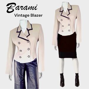 Vintage Barami fitted double breasted hourglass blazer suit jacket w/brown trim